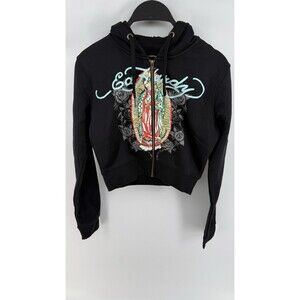 NWT Ed Hardy Virgin Mary Womens Cropped Zip Front Hoodie Black Size Medium